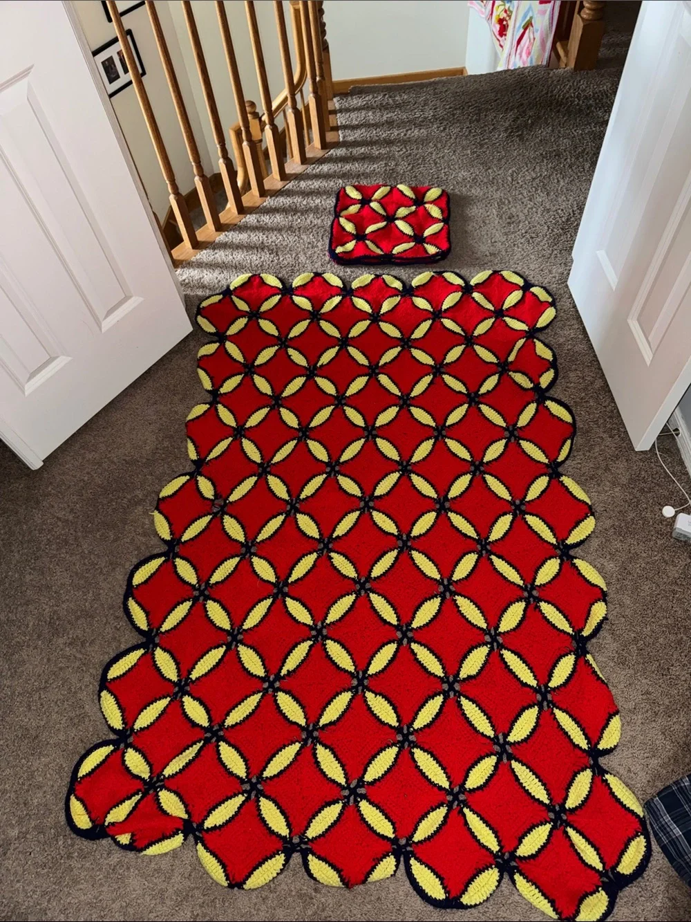 Vintage Handmade Crochet Afghan Blanket Red Yellow Navy + Matching Pillow case